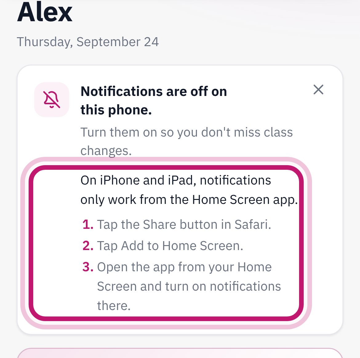 The app's own steps for adding it to the Home Screen