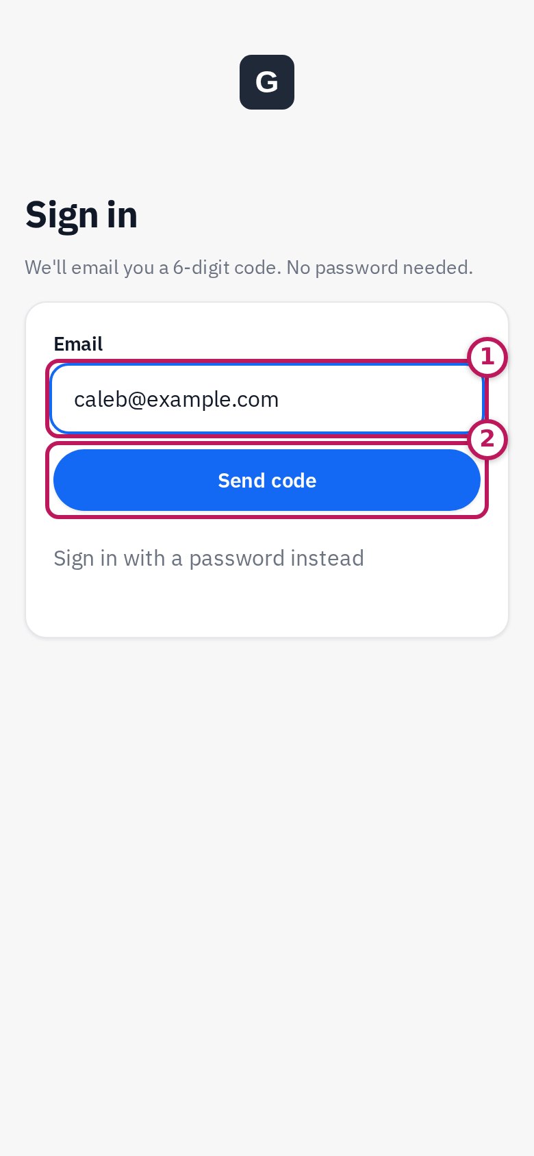 The Sign in page with the email box circled 1 and Send code circled 2