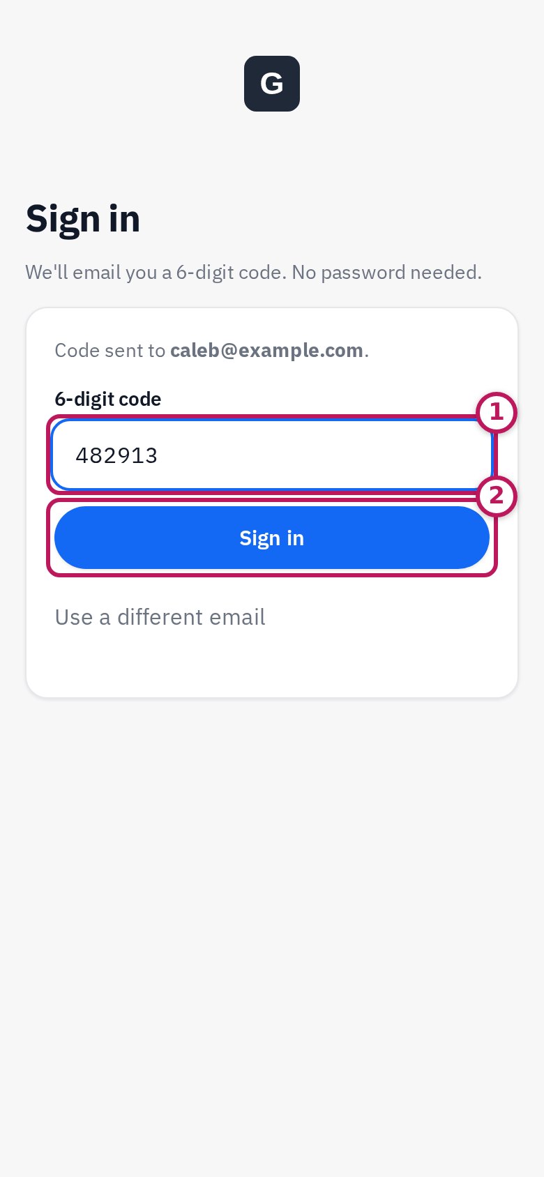 The 6-digit code box circled 1 and Sign in circled 2