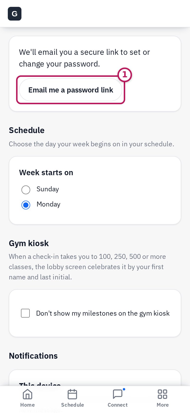 Settings with Email me a password link circled 1