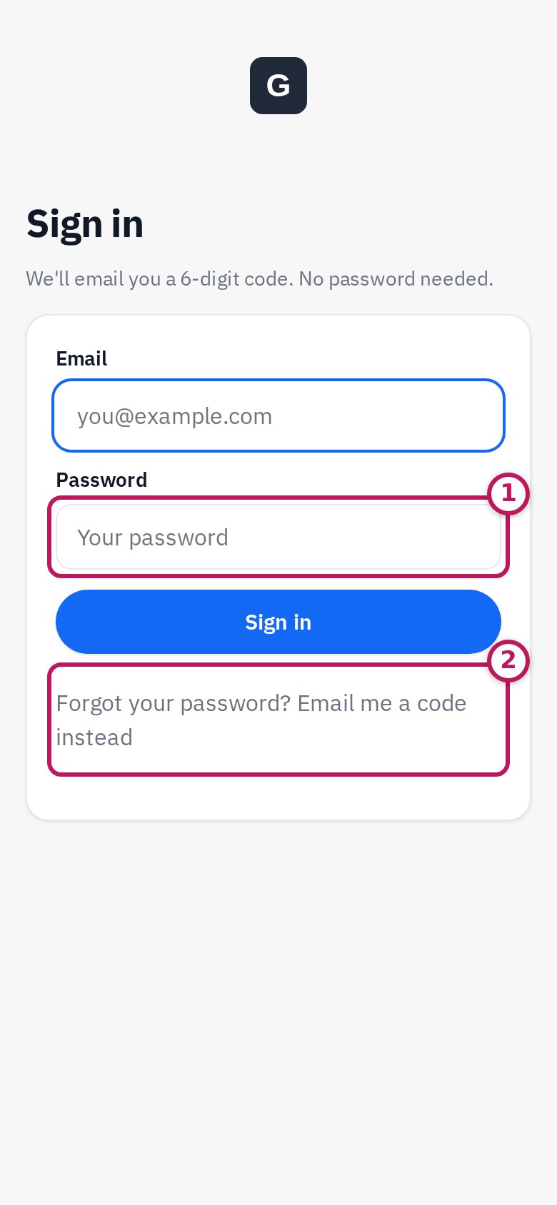 The password sign-in with the password box circled 1 and the forgot password option circled 2