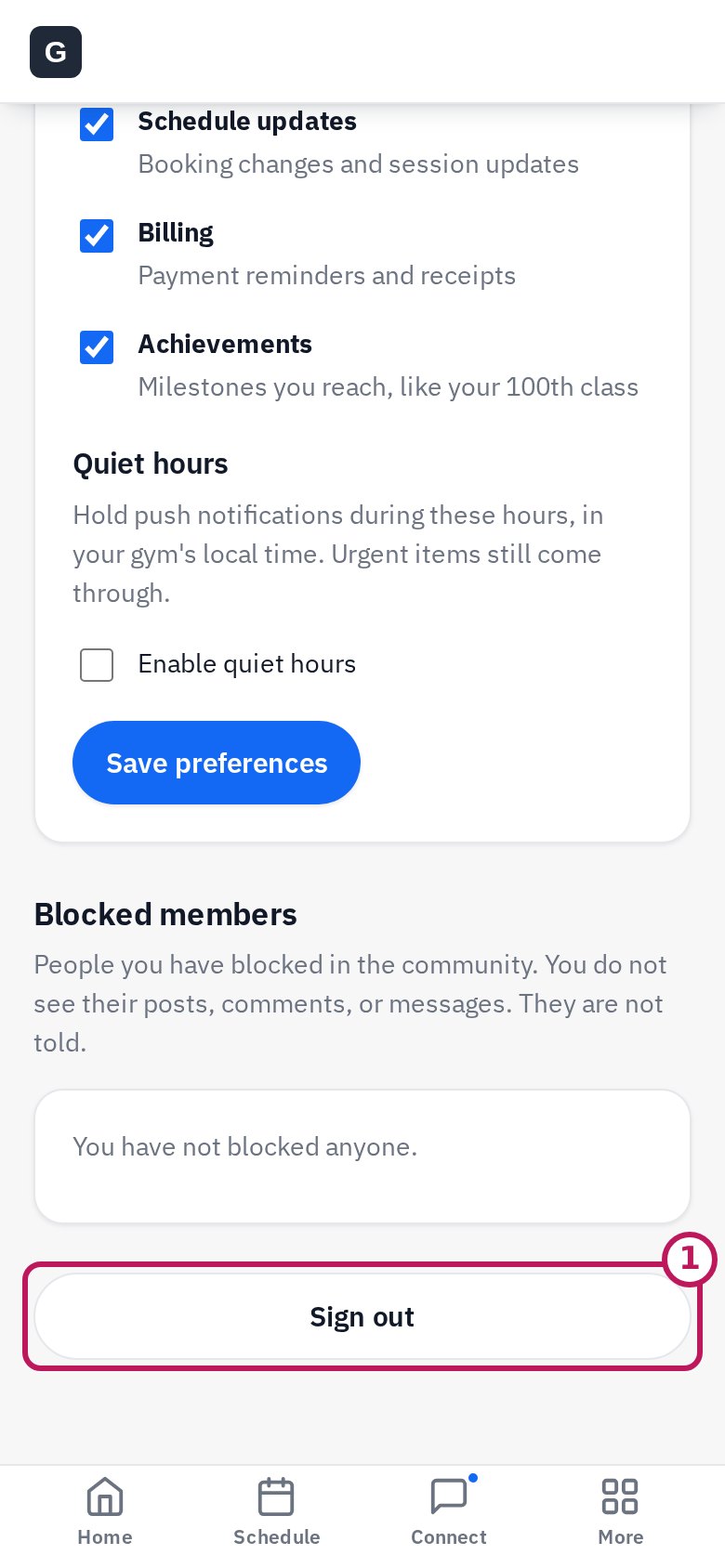 Settings with Sign out circled 1