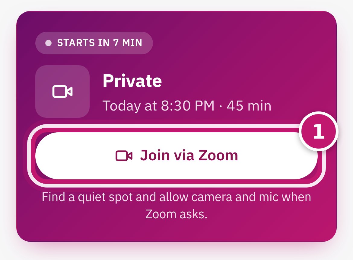 The home page box for a virtual session with the Join via Zoom button circled