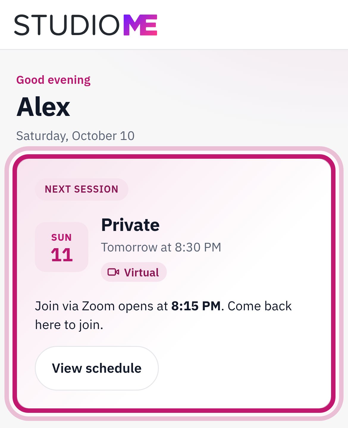 The home page with the next session box circled