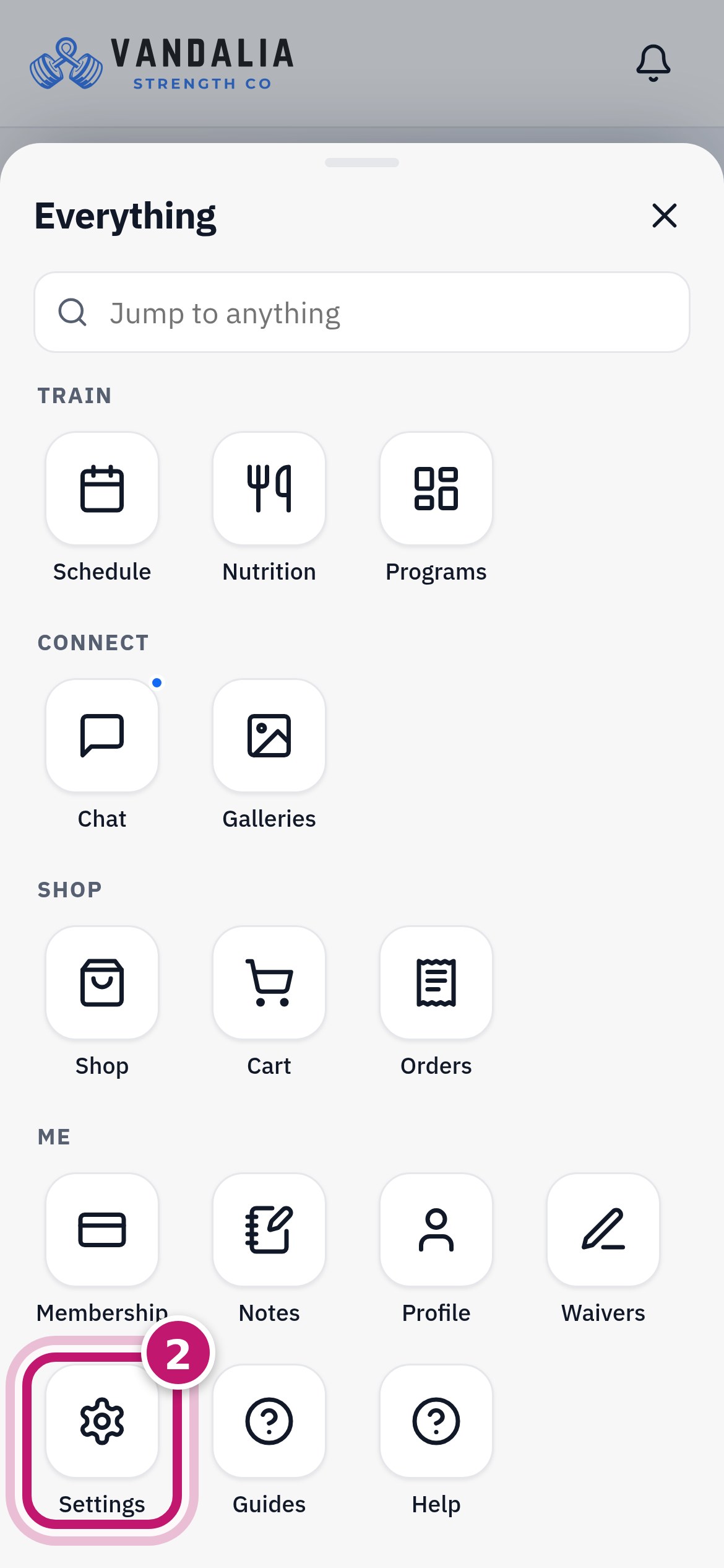 The Everything list with Settings circled 2