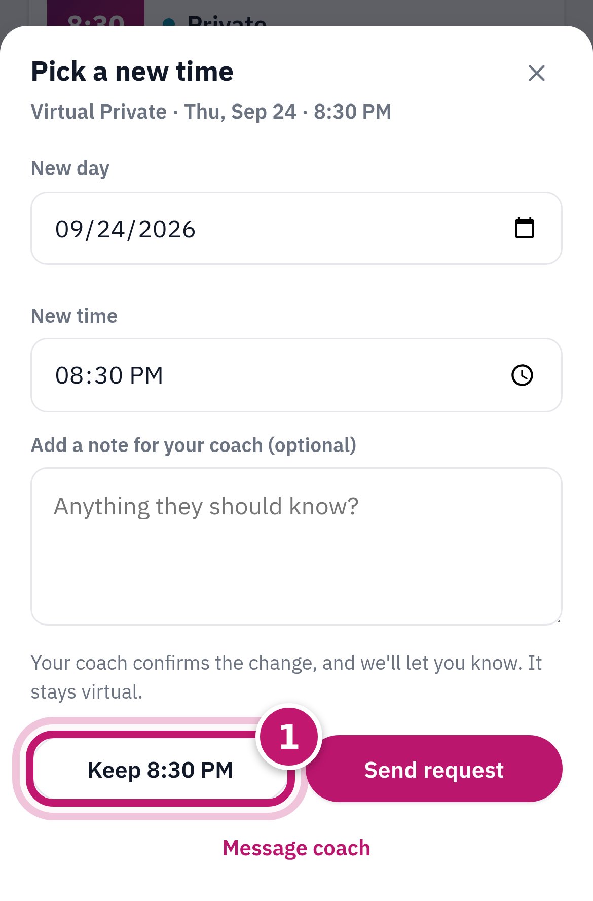 The Pick a new time box with Keep 8:30 PM circled