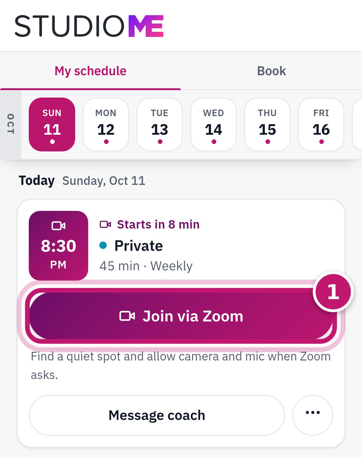 A session on My schedule with the Join via Zoom button circled