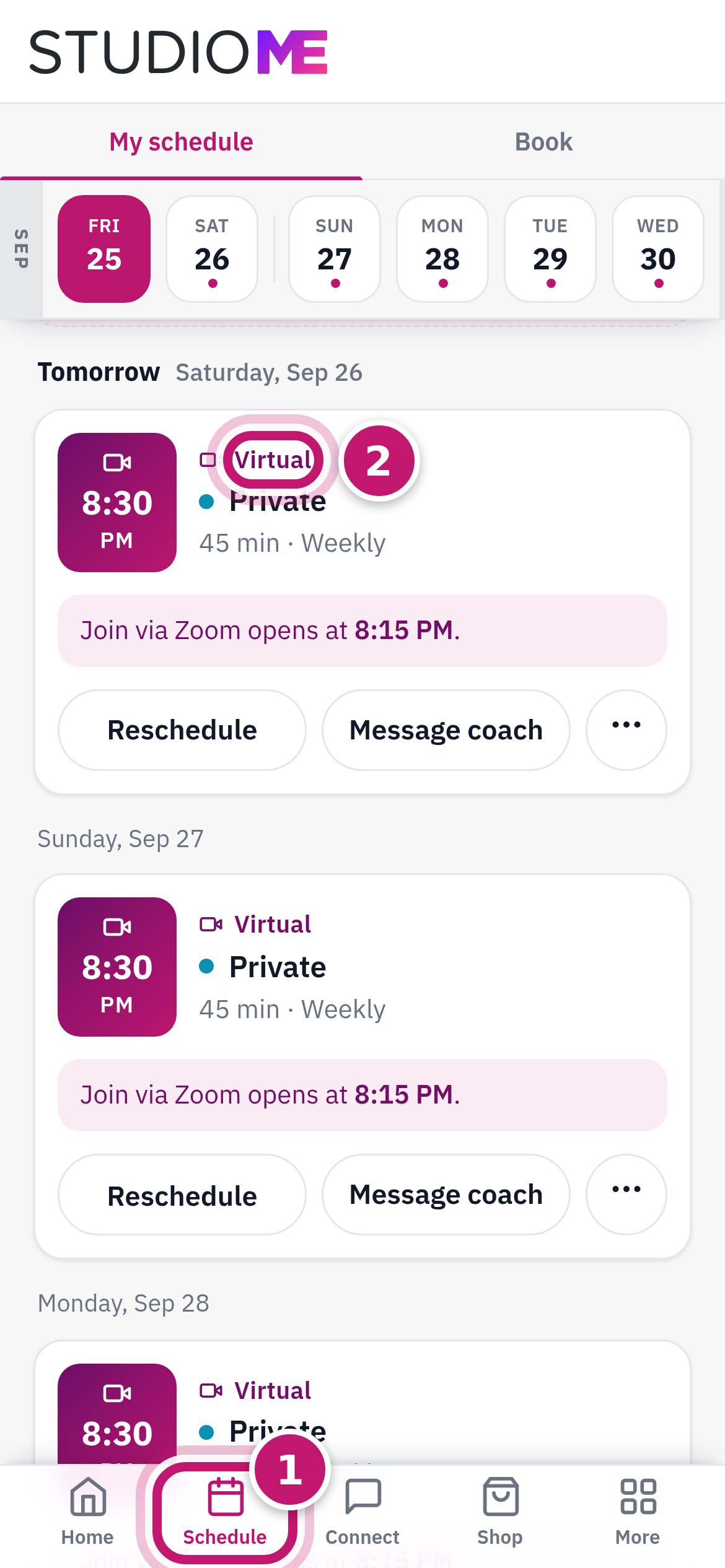 My schedule with the Schedule tab circled 1 and the Virtual label circled 2