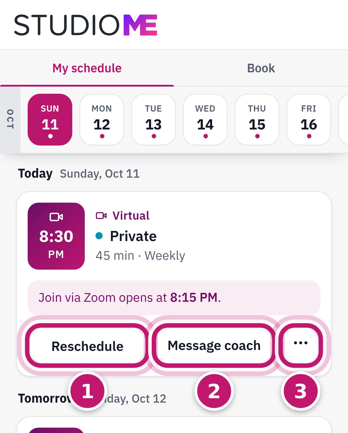 A session with Reschedule, Message coach and the three-dot button numbered 1, 2 and 3