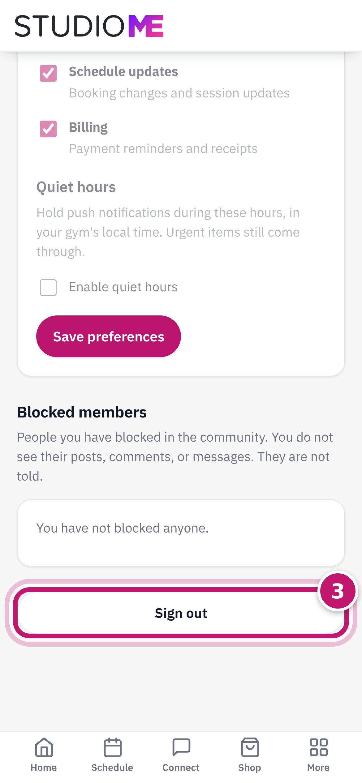 The bottom of Settings with Sign out circled 3