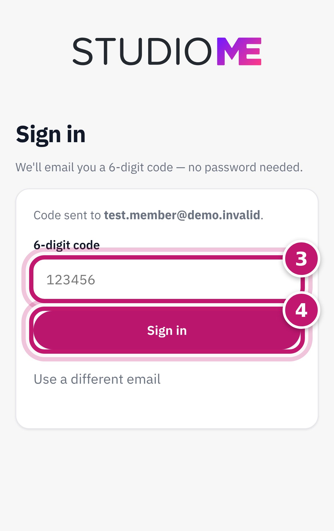 The 6-digit code box circled 3 and the Sign in button circled 4