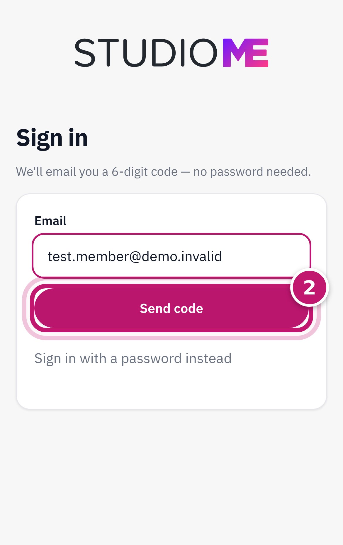 An email typed in and the Send code button circled and numbered 2