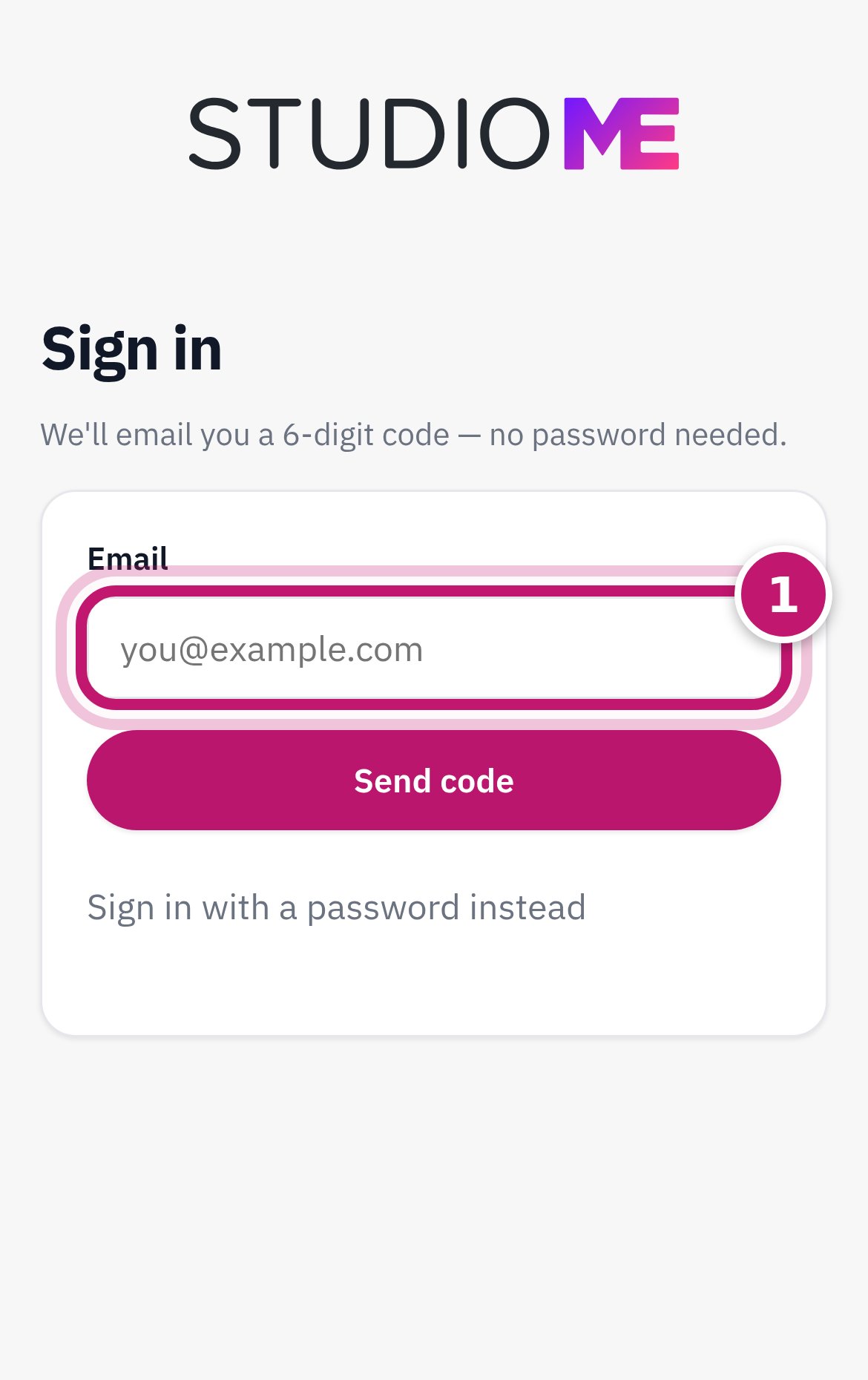 The Sign in page with the Email box circled and numbered 1