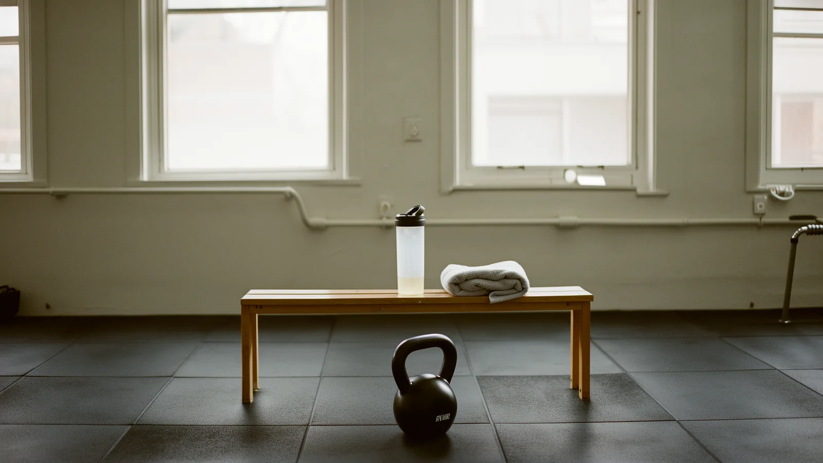A kettlebell, a shaker bottle and a towel on a gym bench in morning light