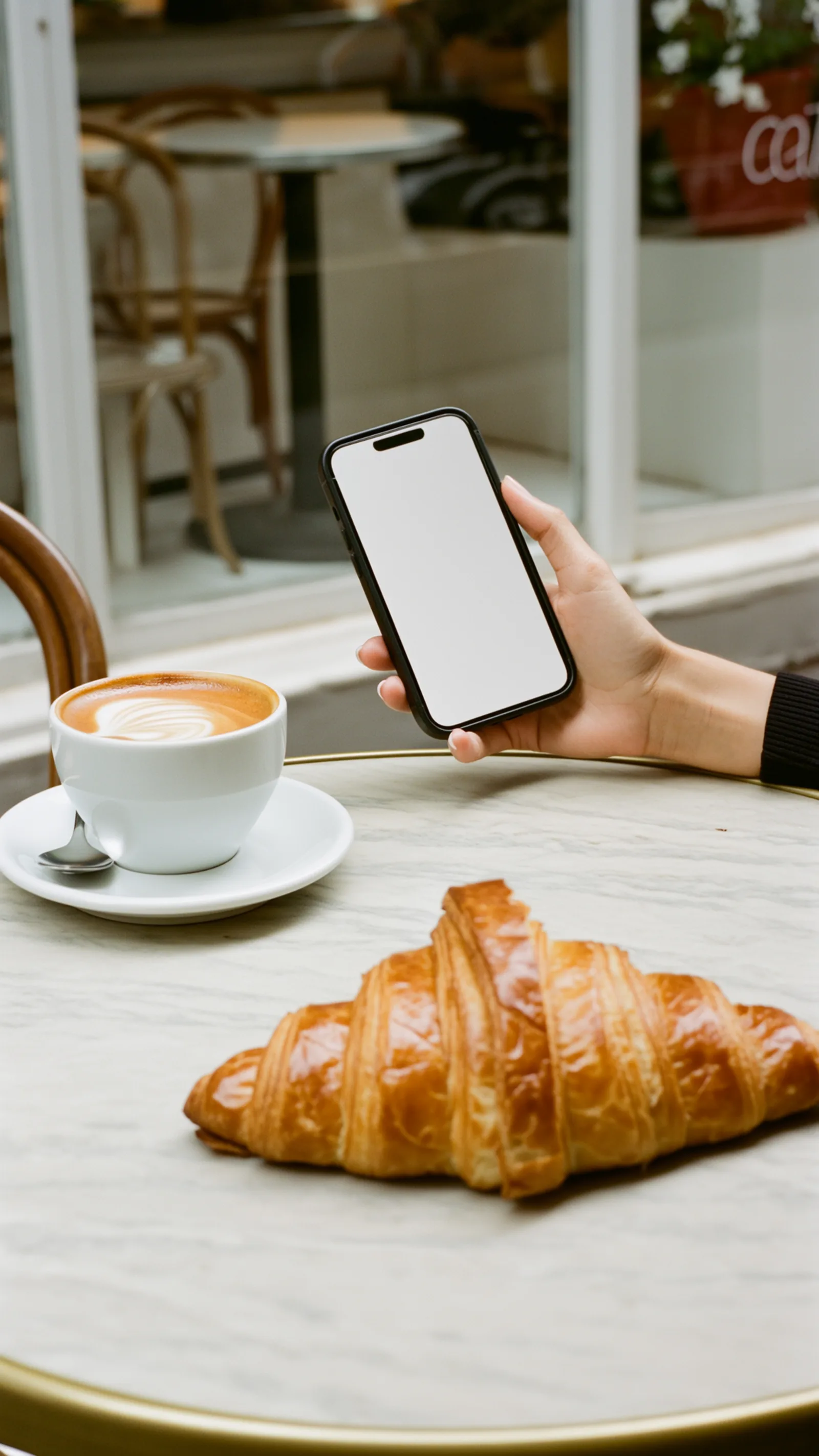 A phone held at a cafe table beside a coffee and a croissant
