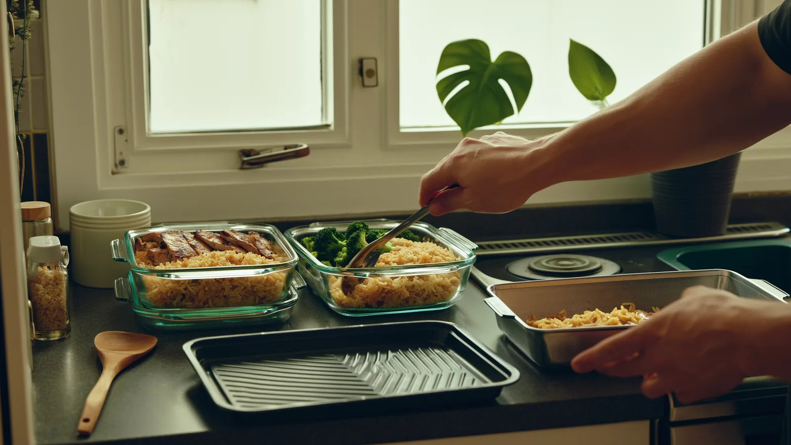 Glass meal-prep containers being filled with chicken, rice and broccoli