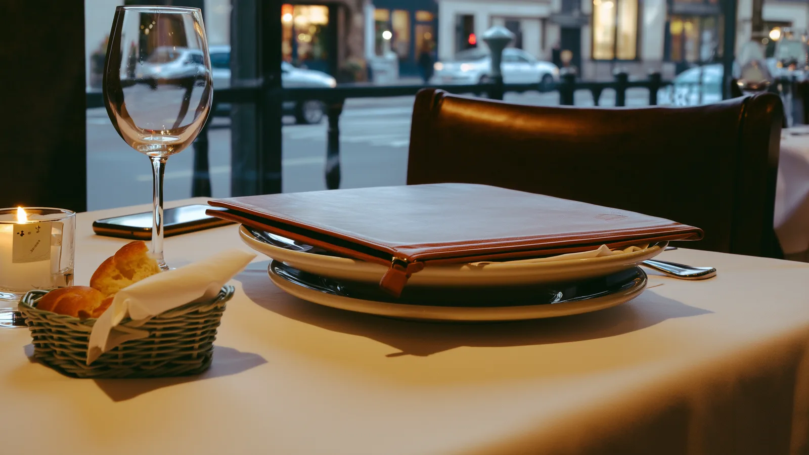A restaurant table at dinner with a menu, water and bread