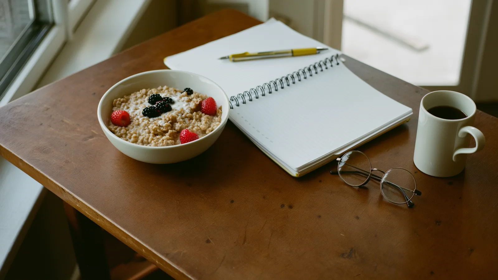 A laptop, a bowl of oatmeal with berries, coffee and a notebook on a dining table