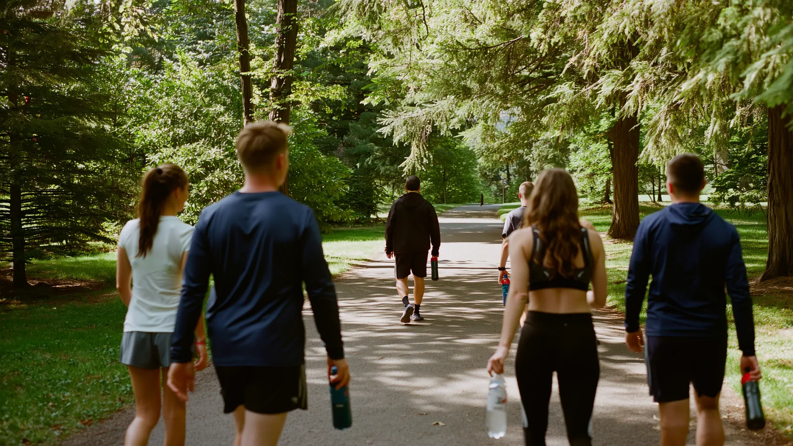 A small group in athletic clothes walking along a sunny park path